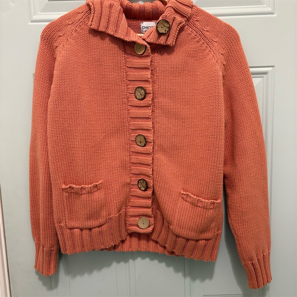 Chico's Cardigan Sweater Womens Size 2 Large Orange Chunky Knit Button - Picture 1 of 10